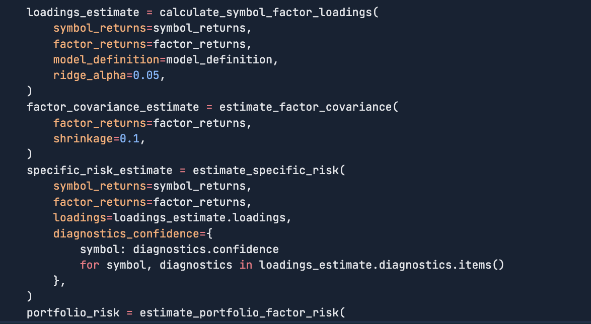 Python the agent wrote and ran: calculate_symbol_factor_loadings with a ridge penalty, estimate_factor_covariance with shrinkage, estimate_specific_risk, and estimate_portfolio_factor_risk