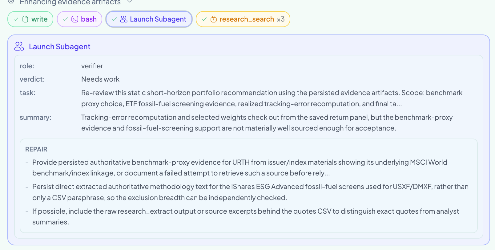 An independent verifier subagent returns the verdict 'Needs work': tracking-error recomputation and selected weights check out, but the benchmark-proxy evidence and fossil-fuel-screening support are not well sourced enough for acceptance. Its repair list demands issuer-documented benchmark linkage for the proxy ETF and the fund provider's actual methodology text rather than a paraphrase
