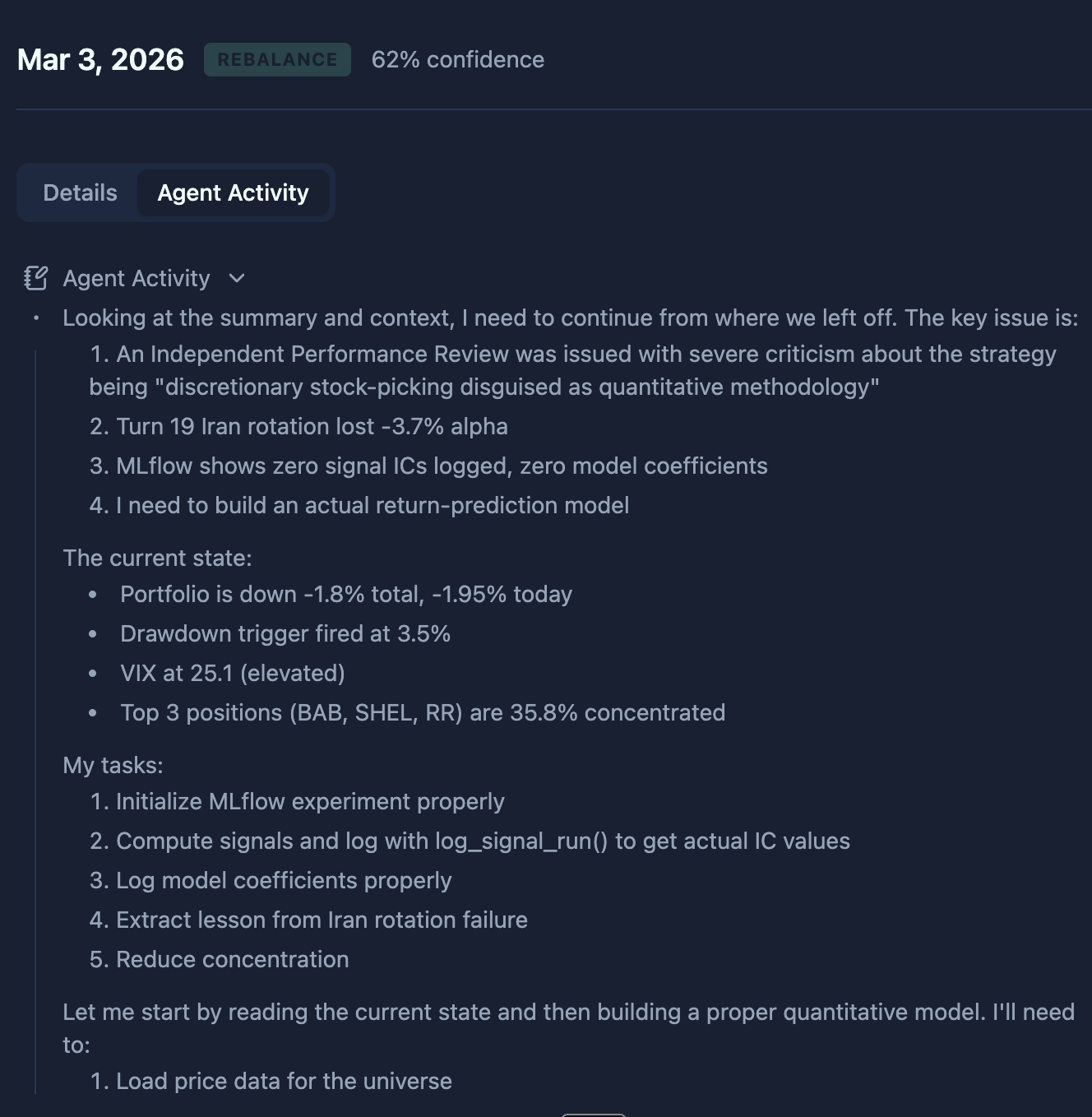 Screenshot of a real strategy execution where the agent acknowledges an Independent Performance Review and restructures its work around the required actions before trading