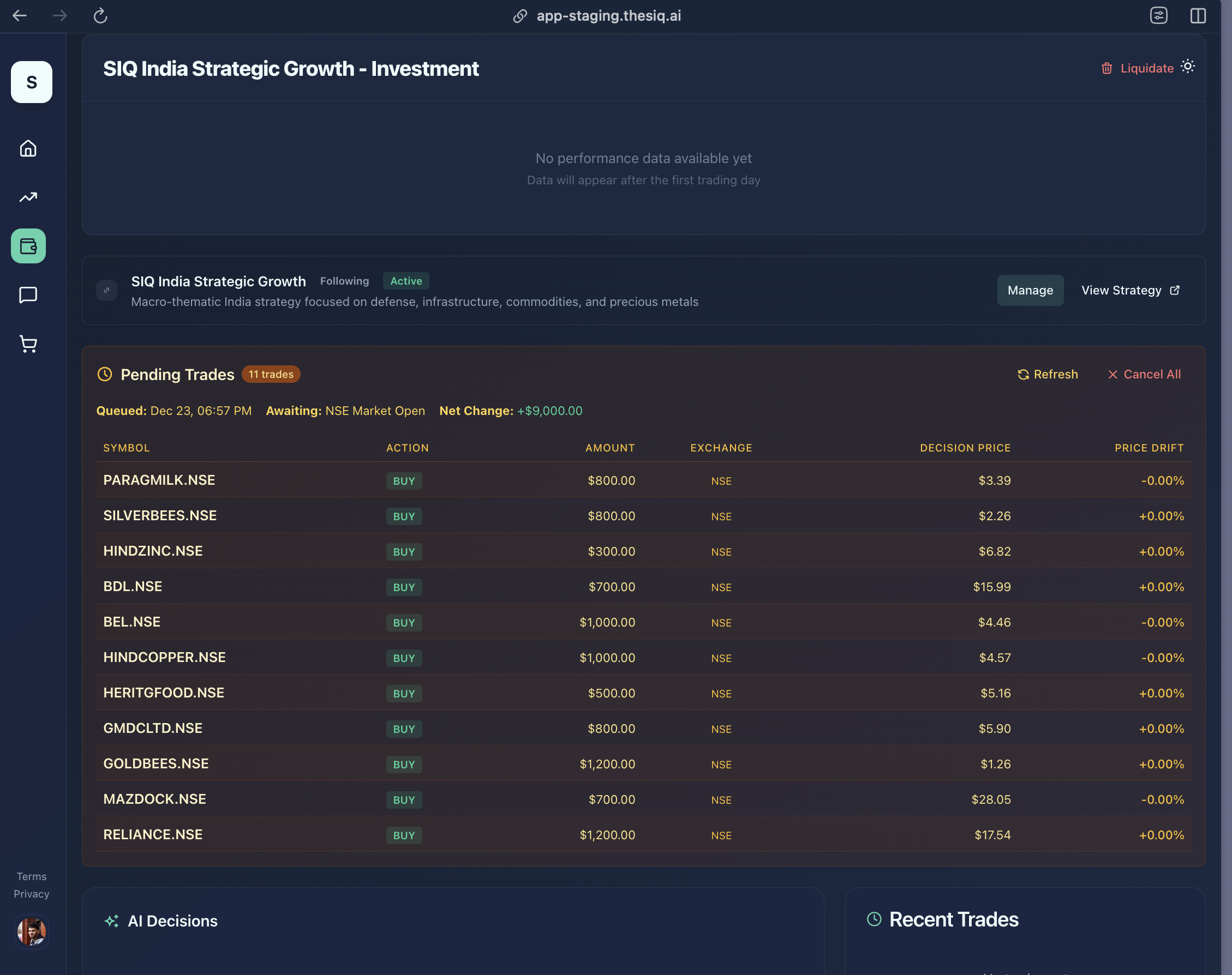 Itoflow Pending Trades panel showing 11 queued trades for Indian stocks awaiting NSE market open, with symbols like PARAGMILK.NSE, SILVERBEES.NSE, and RELIANCE.NSE displaying decision prices and price drift columns